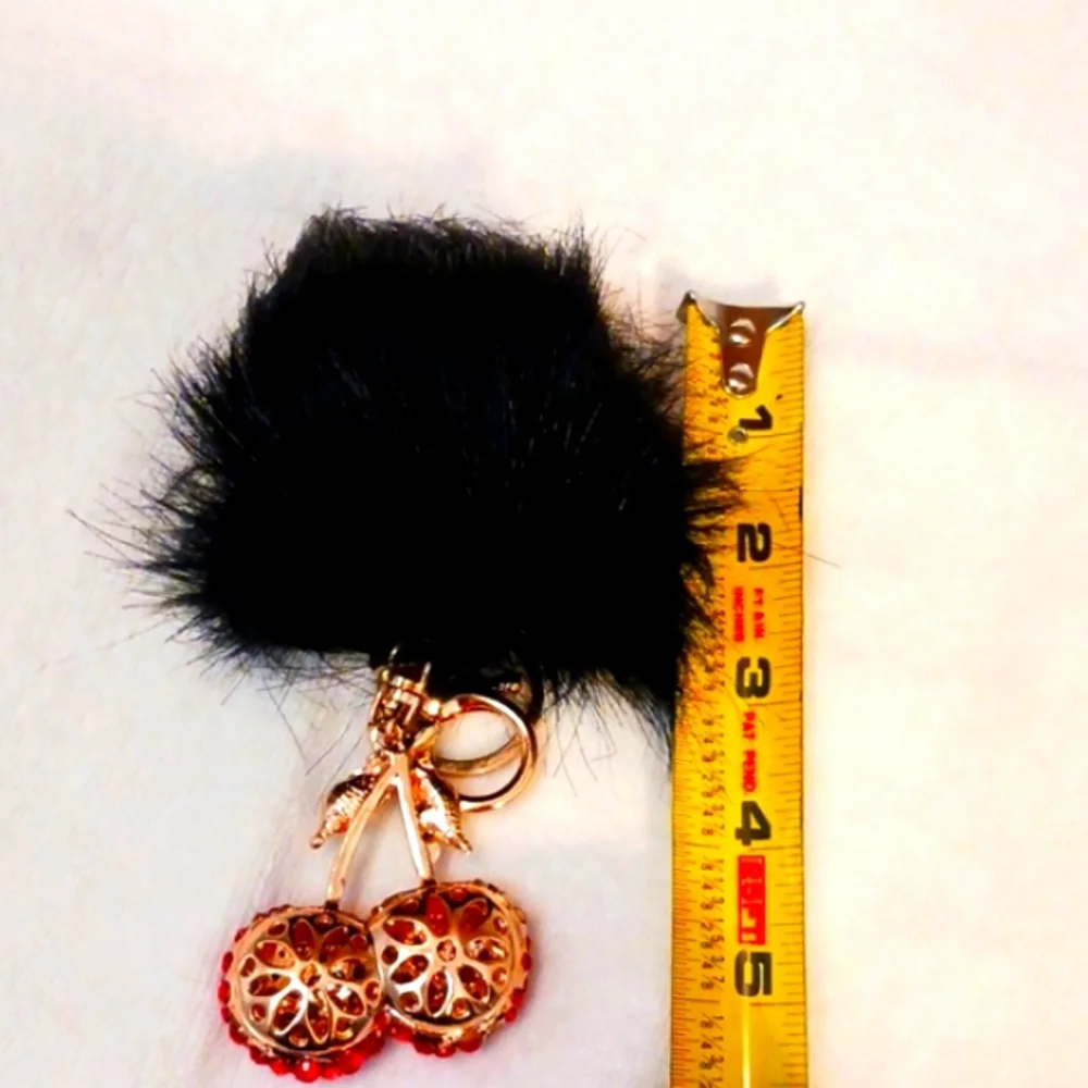 Crystal Cherries Bag Charm Key Chain Red w Black Faux Mink‎ Black Pom